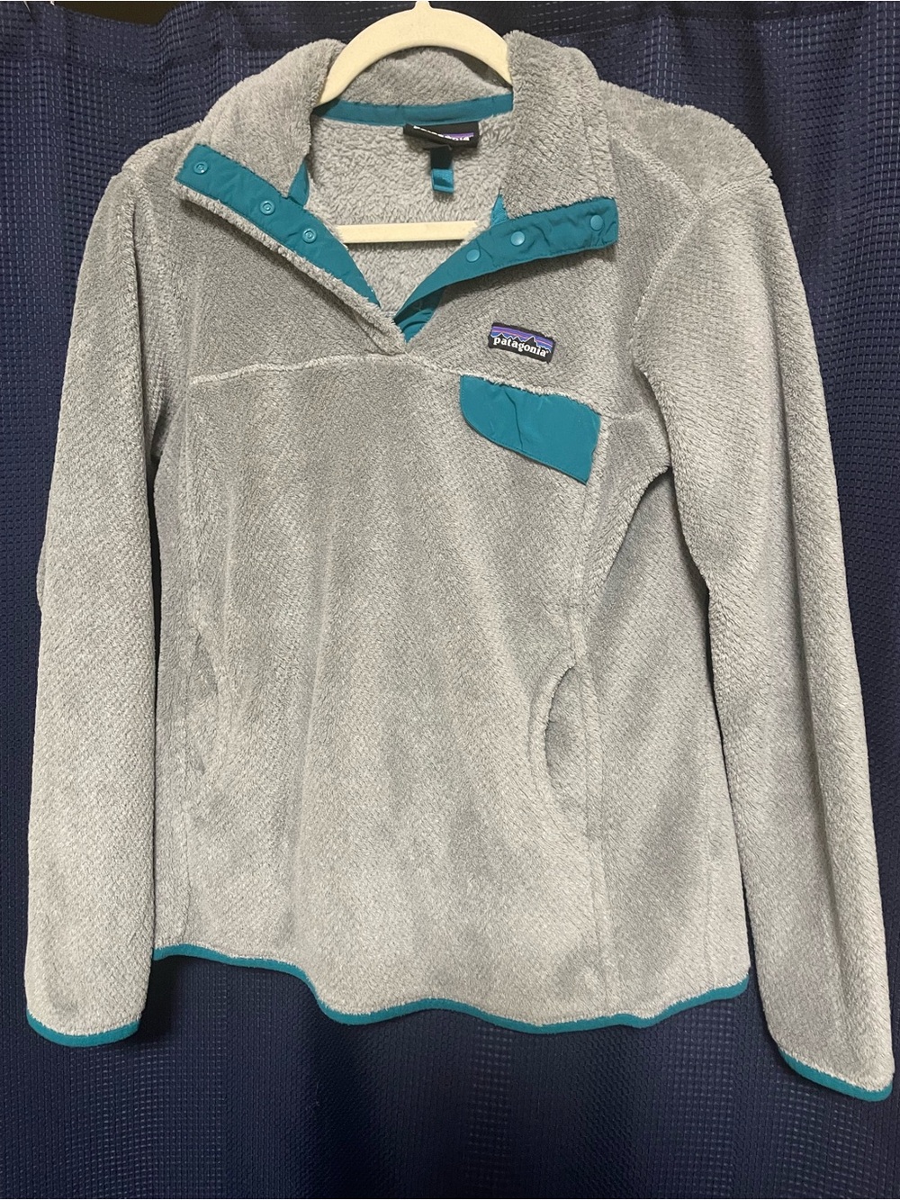 Patagonia Light Gray Fleece Jacket with Teal Trim
